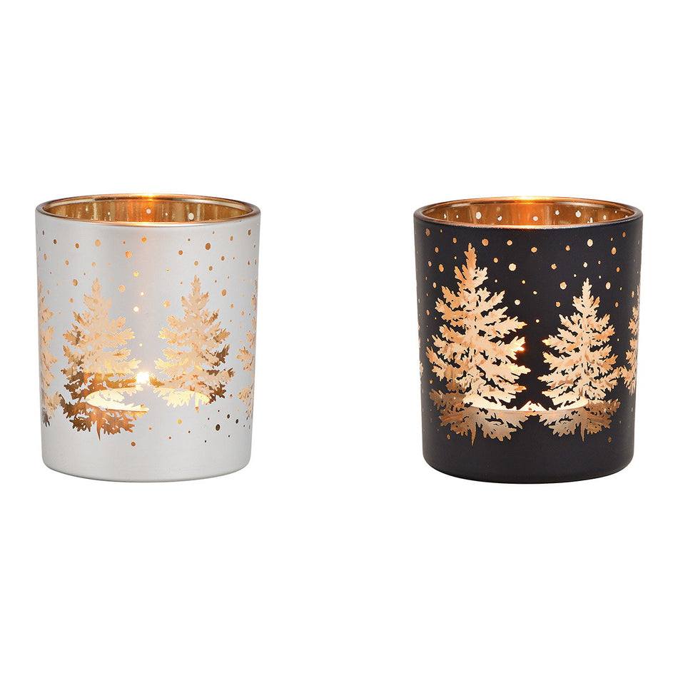 WINDLICHT TANNENBAUM DEKOR AUS GLAS, SCHWARZ/SILBER 7X8X7CM