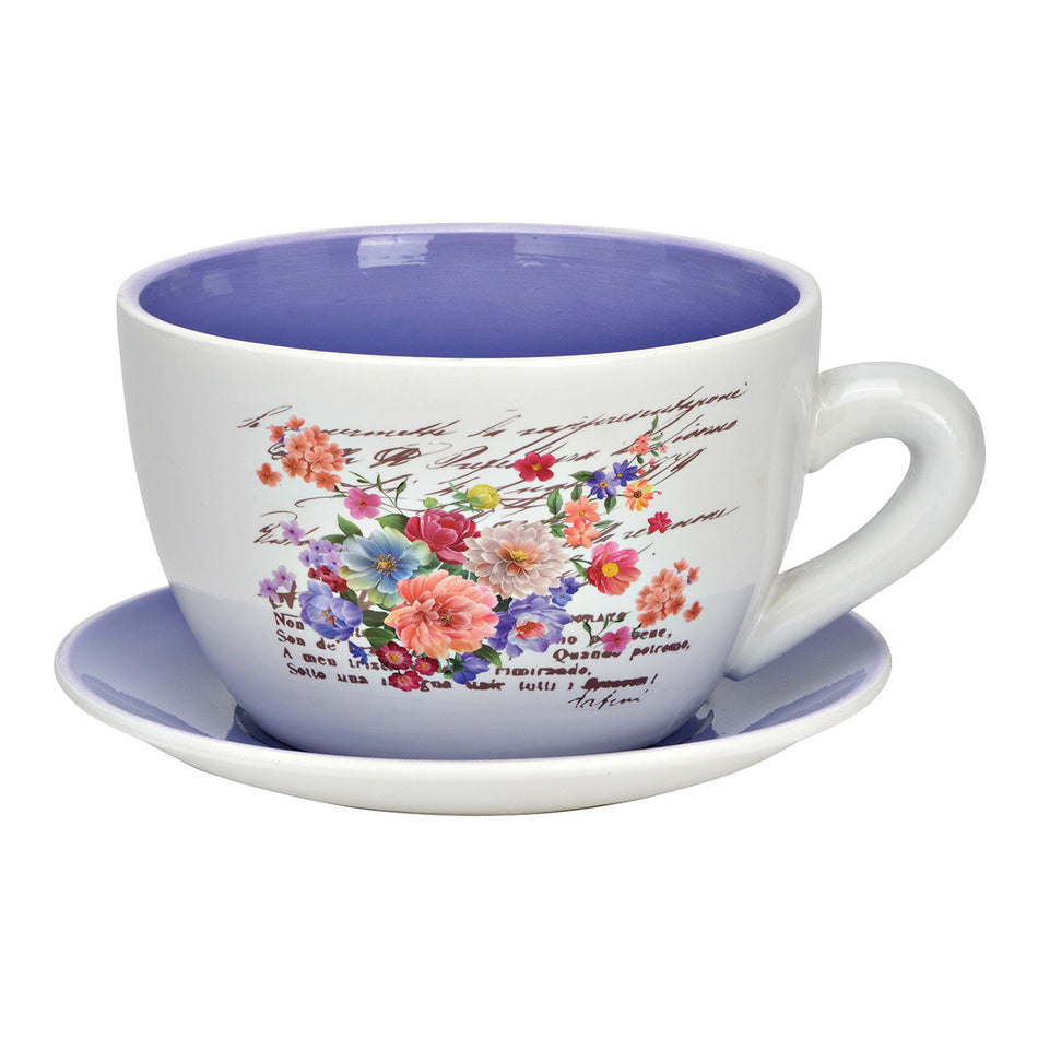 PFLANZTASSE BLUMEN DEKOR AUS KERAMIK, LILA/WEISS 25X14X23CM