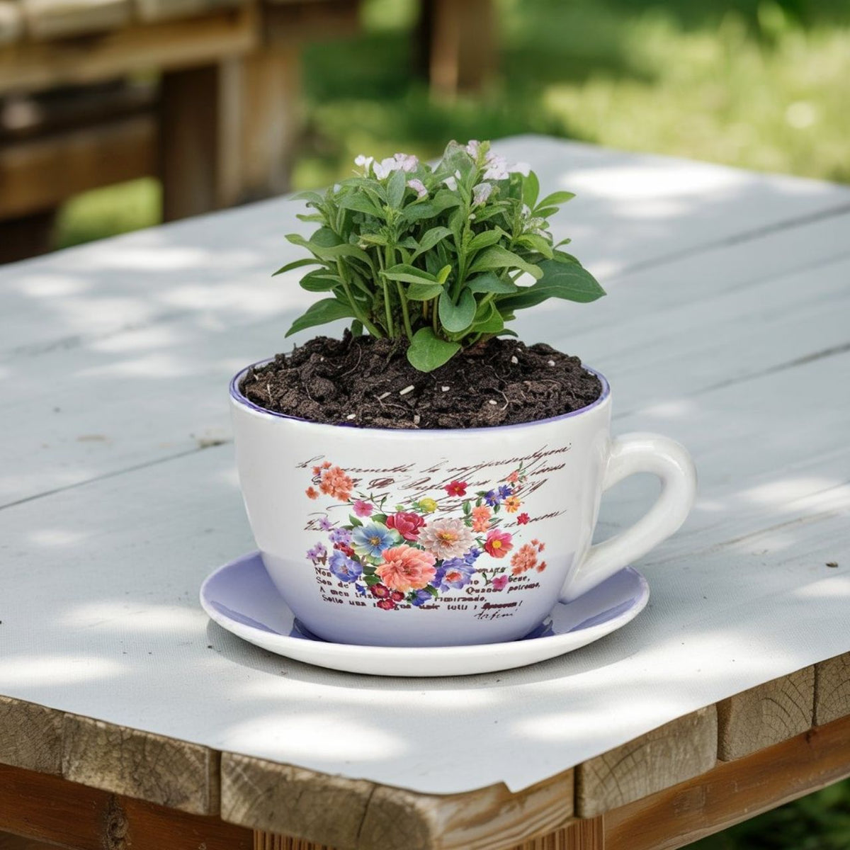 PFLANZTASSE BLUMEN DEKOR AUS KERAMIK, LILA/WEISS 25X14X23CM