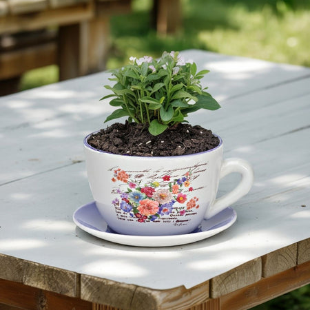 PFLANZTASSE BLUMEN DEKOR AUS KERAMIK, LILA/WEISS 25X14X23CM