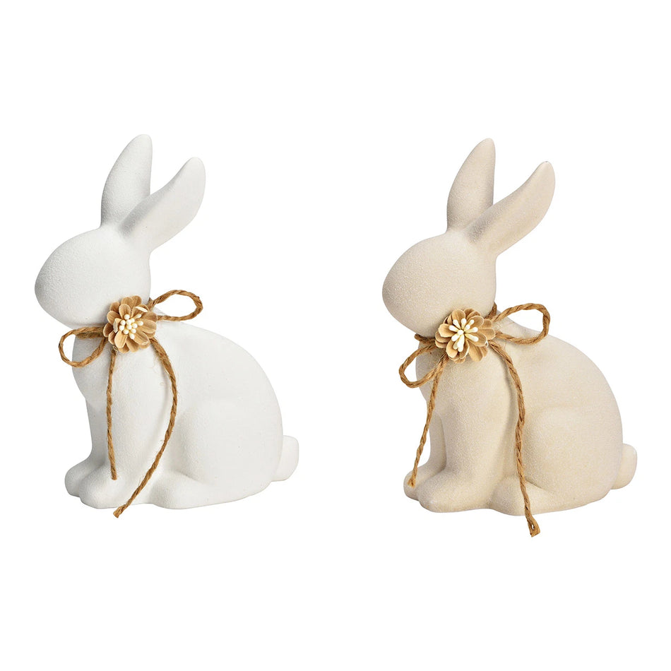 HASE MIT SCHLEIFE AUS KERAMIK, BEIGE/WEISS 12X15X7CM