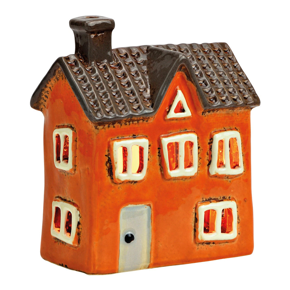 LICHTHAUS AUS STEINGUT, ORANGE/BRAUN 11X12X7CM