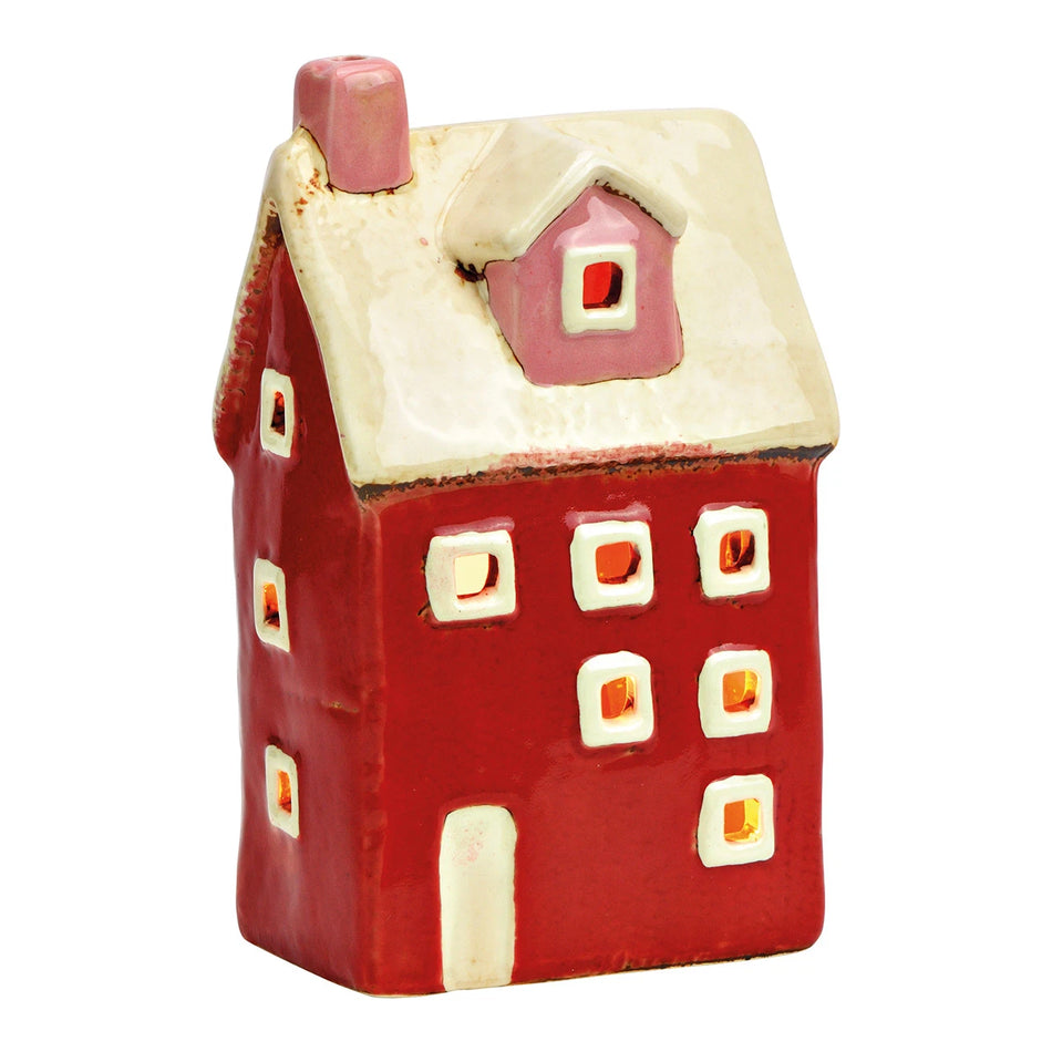 WINDLICHTHAUS AUS STEINGUT, ROT/WEISS 10X16X7CM
