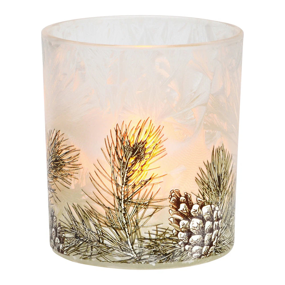 WINDLICHT TEELICHTHALTER TANNEN DEKOR AUS GLAS, WEISS 7X8X7CM