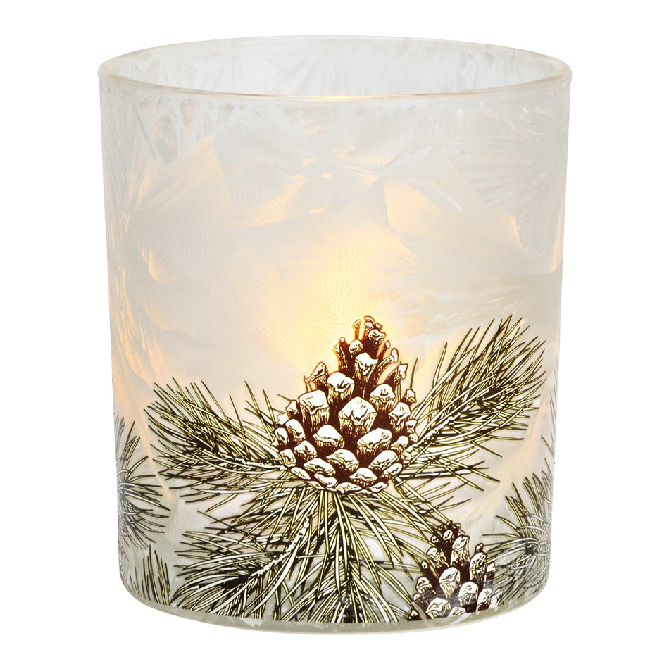 WINDLICHT TEELICHTHALTER TANNEN DEKOR AUS GLAS, WEISS 9X10X9CM