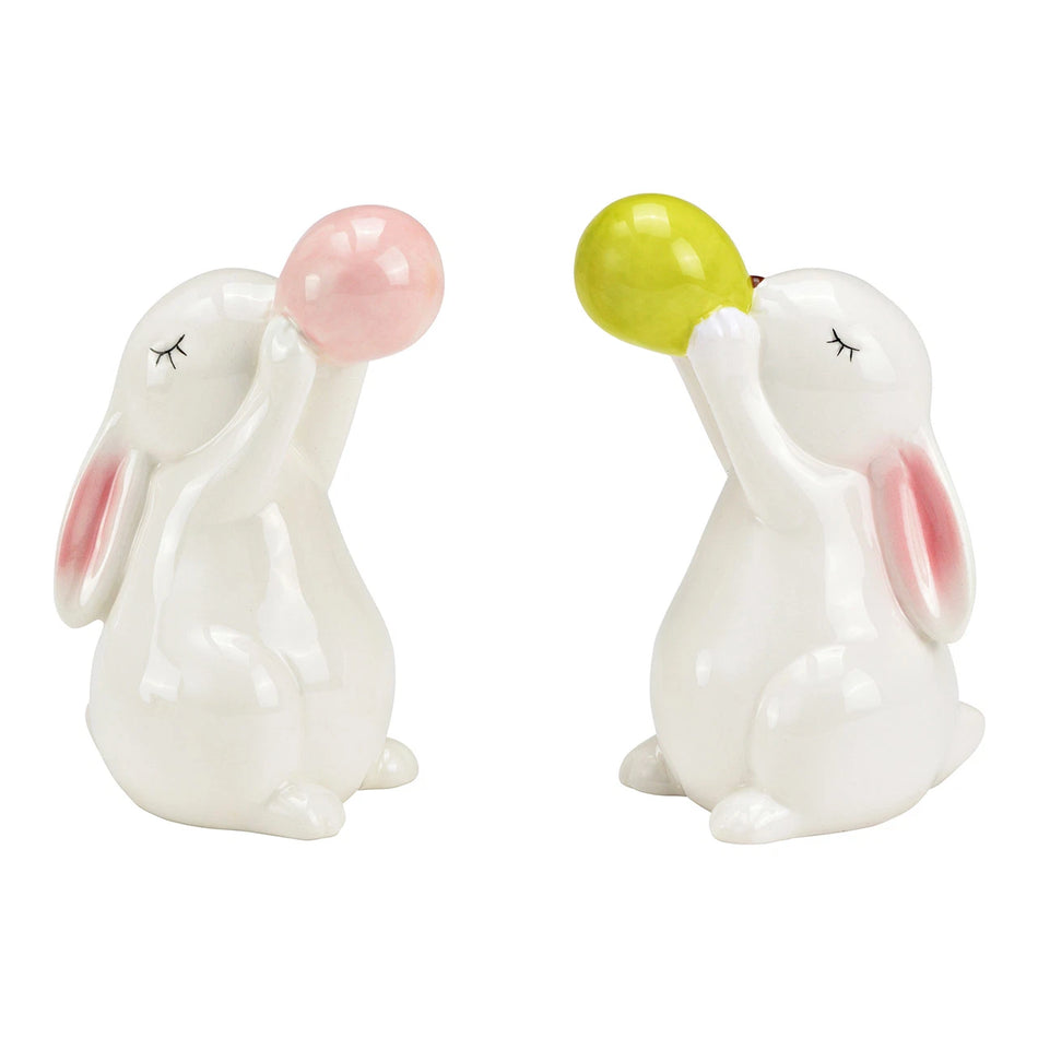 HASE MIT BALLON AUS PORZELLAN, WEISS/GRÜN/ROSA 6X12X6CM