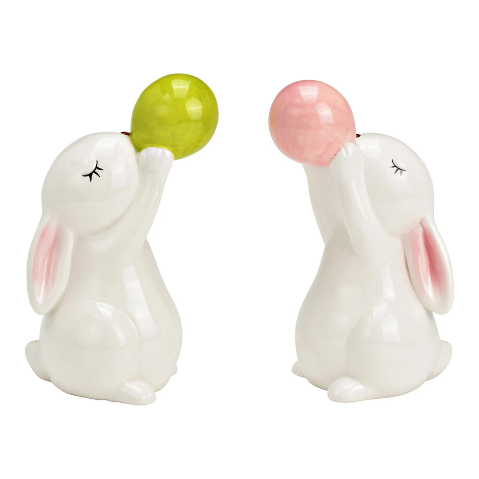 HASE MIT BALLON AUS PORZELLAN, WEISS/GRÜN/ROSA 8X16X9CM