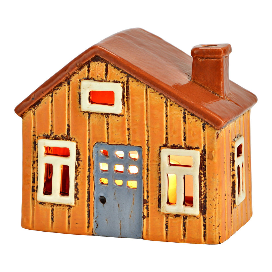 LICHTHAUS AUS STEINGUT, BRAUN 13X12X8CM