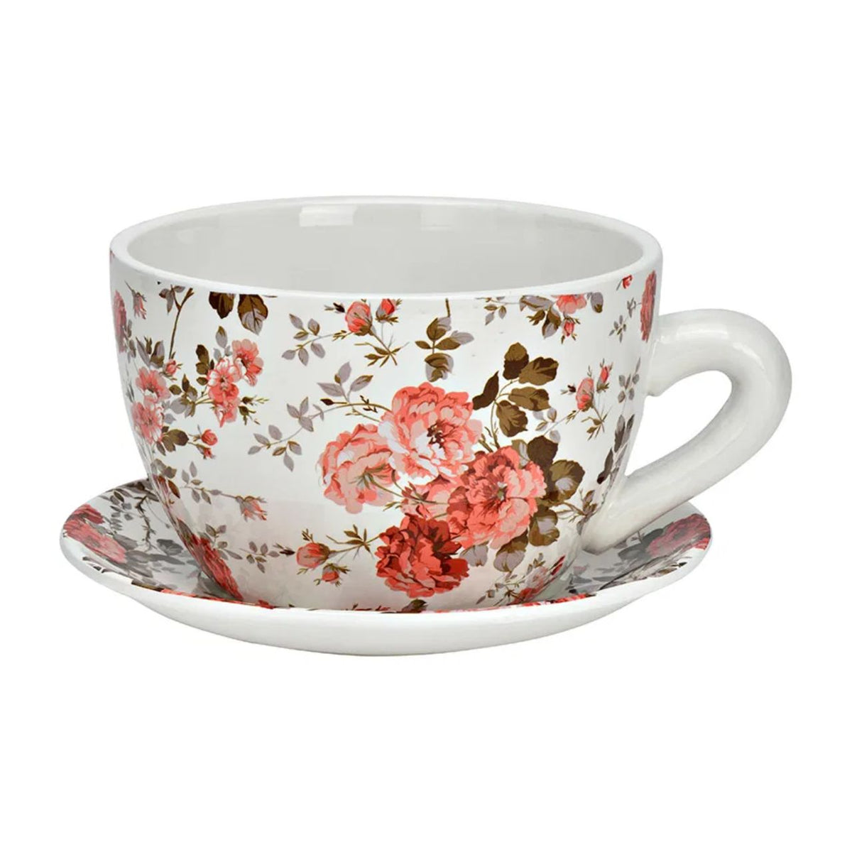 PFLANZTASSE BLUMEN DEKOR AUS KERAMIK, ROT/GRÜN/WEISS 20X12X15CM