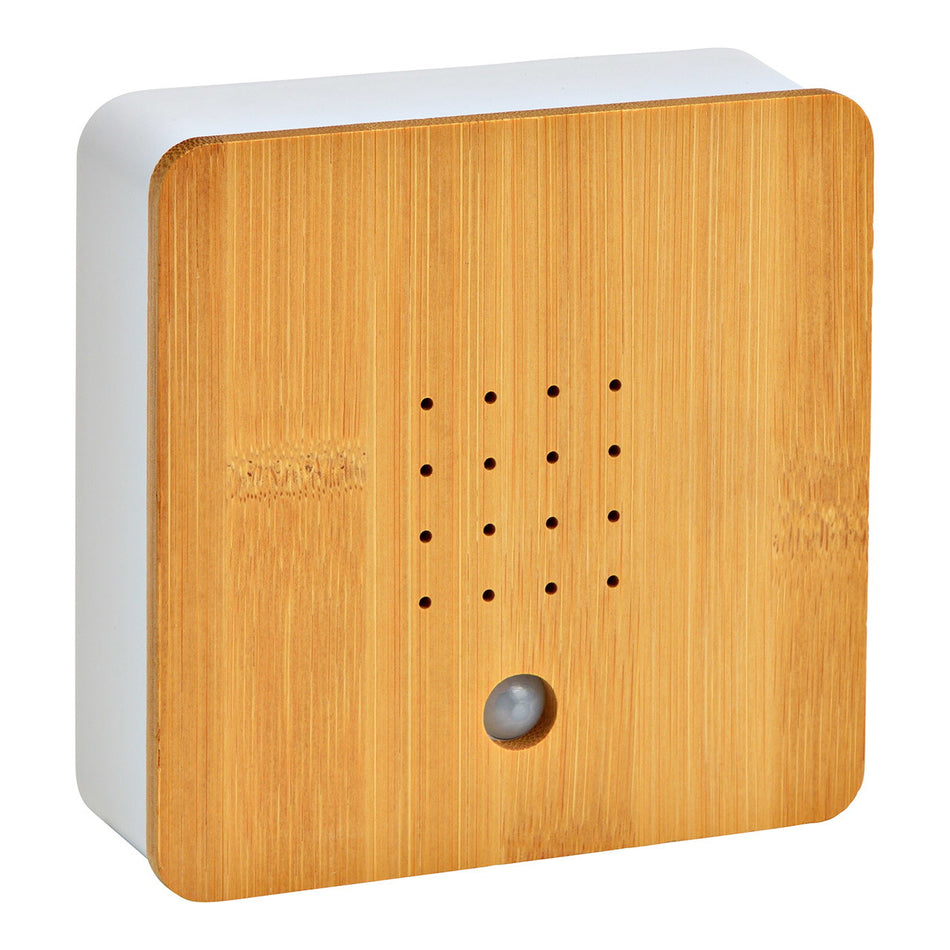 SOUNDBOX VOGELGESANG, KUNSTSTOFF WEISS MIT BAMBUSFRONT 12X12X4CM