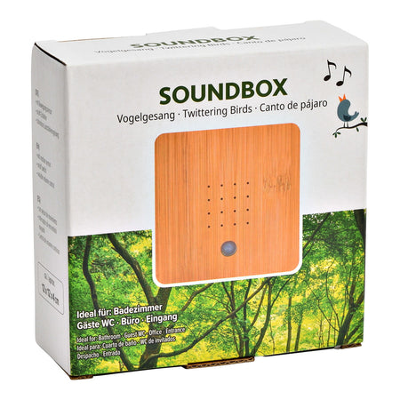 SOUNDBOX VOGELGESANG, KUNSTSTOFF WEISS MIT BAMBUSFRONT 12X12X4CM