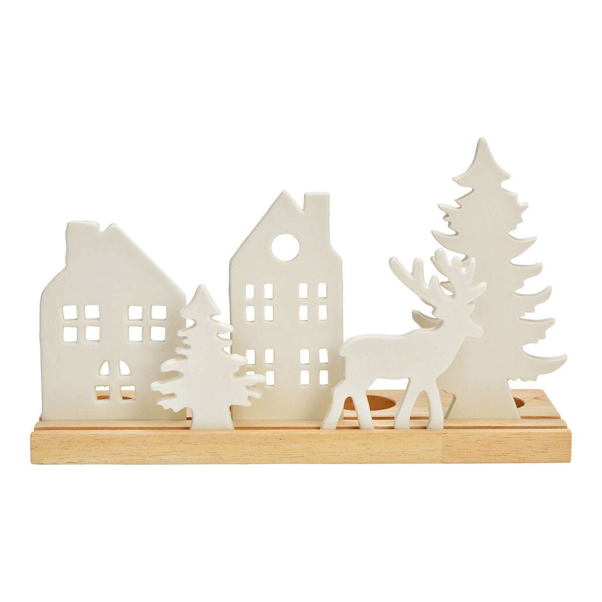 ADVENTSGESTECK HAUS/BAUM/HIRSCH AUS PORZELLAN/HOLZ, WEISS 30X18X10CM
