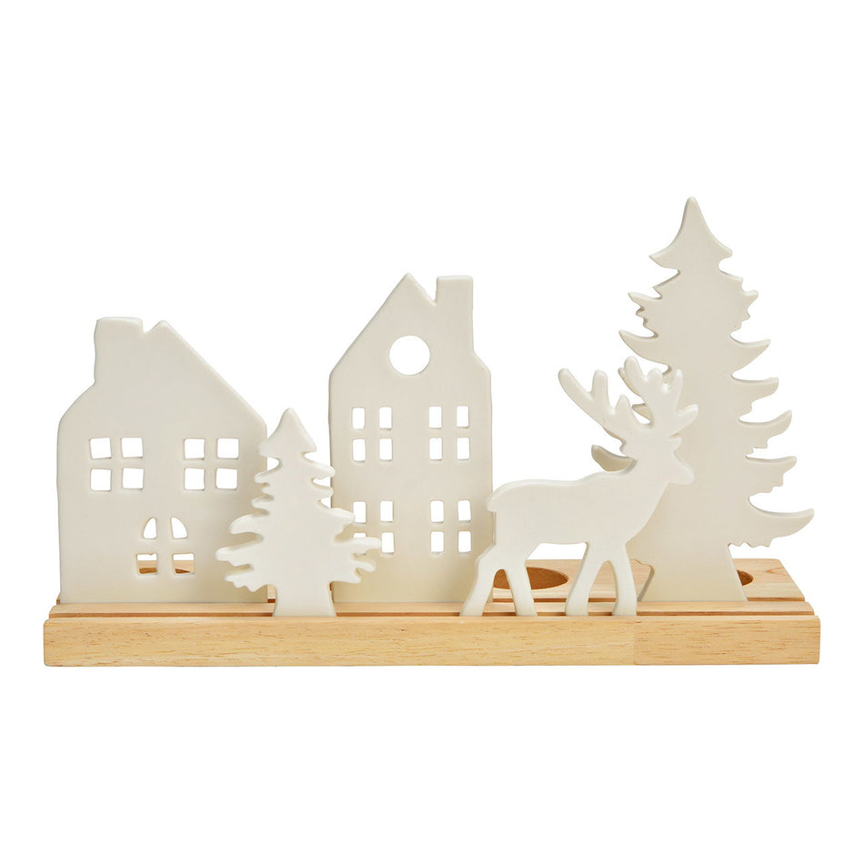 ADVENTSGESTECK HAUS/BAUM/HIRSCH AUS PORZELLAN/HOLZ, WEISS 30X18X10CM