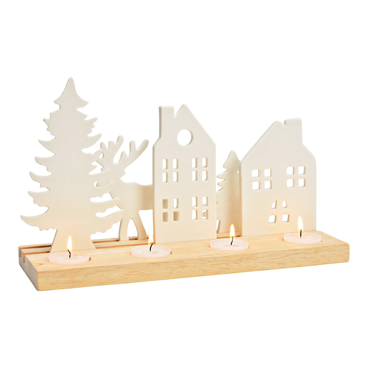 ADVENTSGESTECK HAUS/BAUM/HIRSCH AUS PORZELLAN/HOLZ, WEISS 30X18X10CM