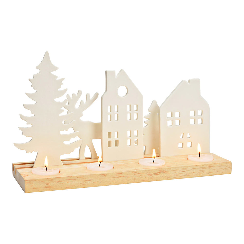 ADVENTSGESTECK HAUS/BAUM/HIRSCH AUS PORZELLAN/HOLZ, WEISS 30X18X10CM