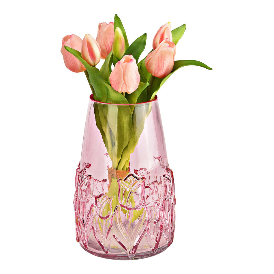 VASE BLUMEN DEKOR AUS GLAS, PINK/ROSA 15X22X15CM