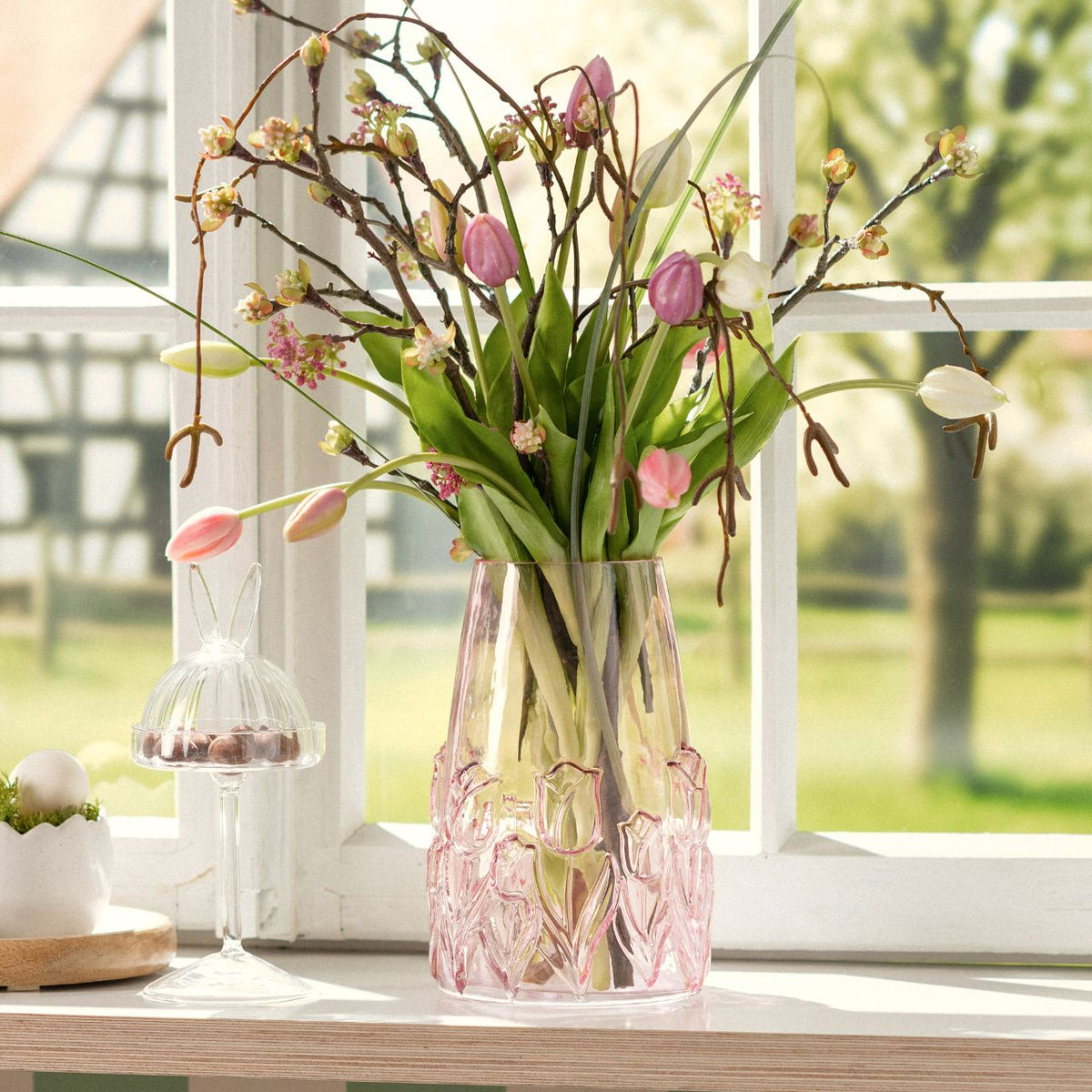 VASE BLUMEN DEKOR AUS GLAS, PINK/ROSA 15X22X15CM