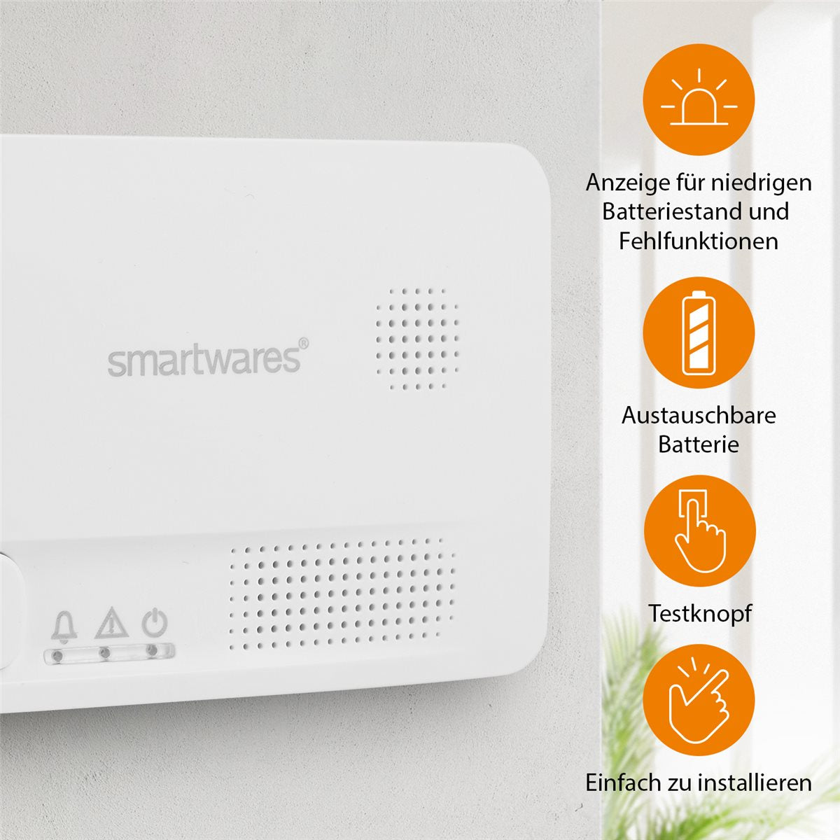 Merkmale des CO-Melders: Anzeige für niedrigen Batteriestand, austauschbare Batterie, Testknopf, einfache Installation