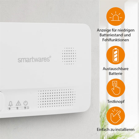 Merkmale des CO-Melders: Anzeige für niedrigen Batteriestand, austauschbare Batterie, Testknopf, einfache Installation