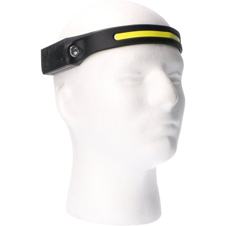 LED-Kopflampe mit COB-Lichtband am Kopf getragen
