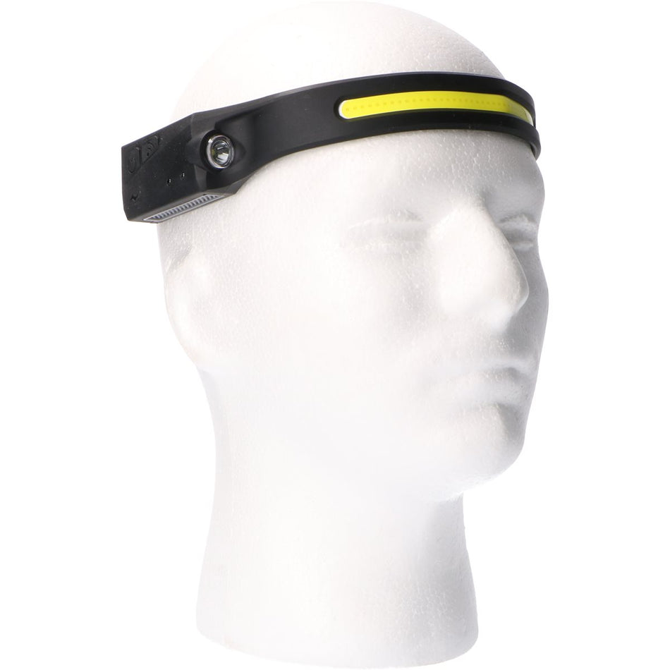 LED-Kopflampe mit COB-Lichtband am Kopf getragen