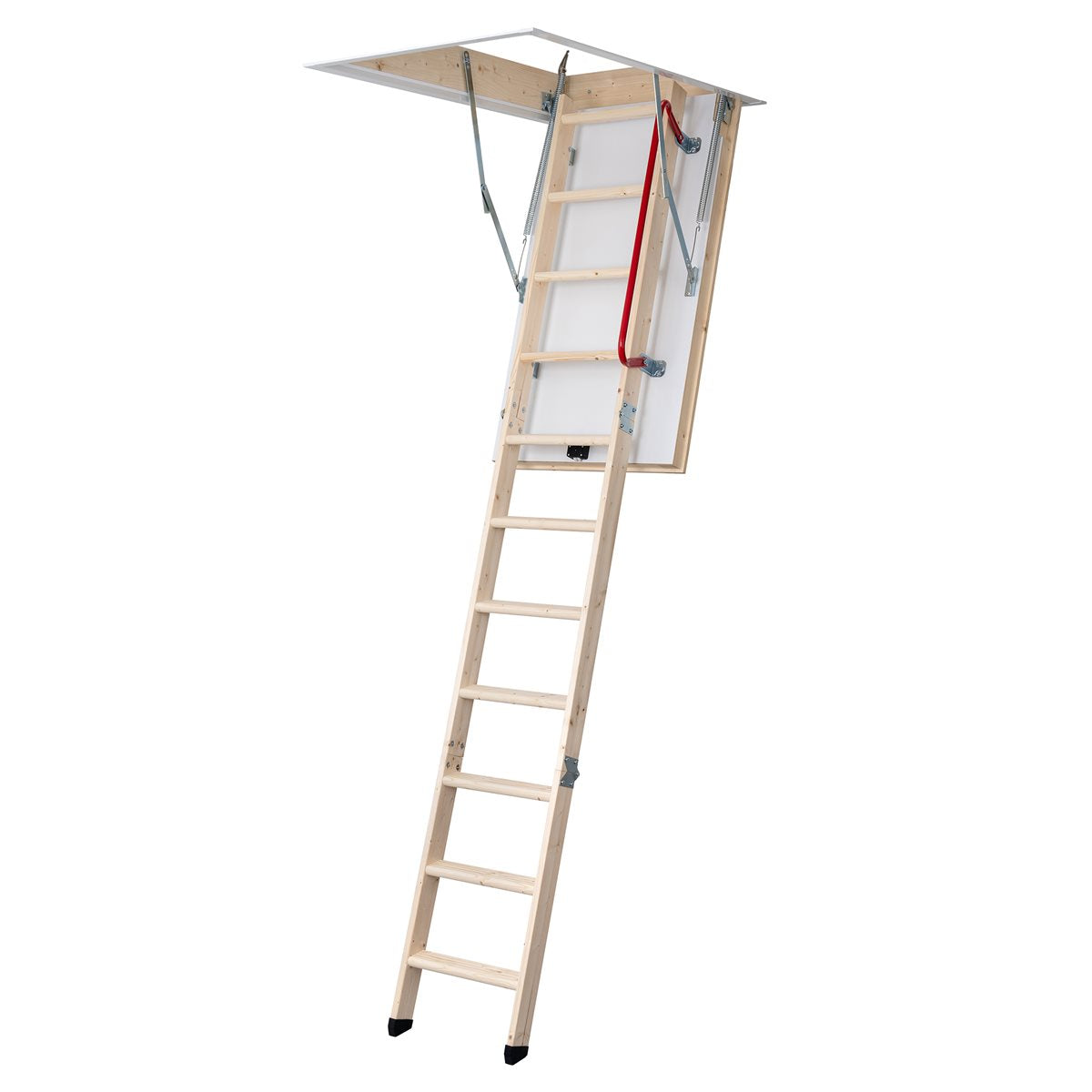 Prima Bodentreppe 3-teilig 140 x 70 cm, ausgeklappte Holz-Klappleiter mit Lukenkasten und Handlauf